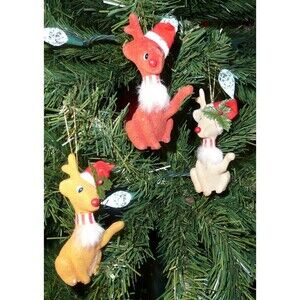 Lot of 3 Vintage Flocked Reindeer Ornament Red Cream Tan Sitting Hoof Up MCM